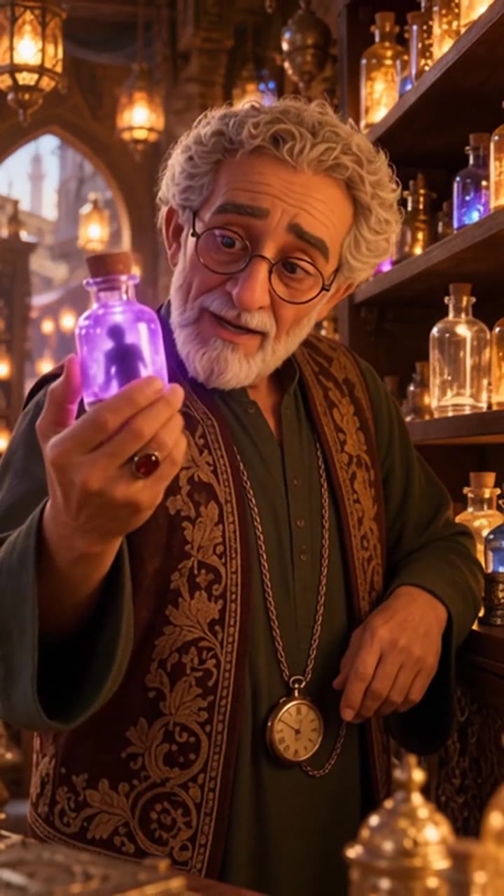 The Memory Shop, Episode 1: the old shopkeeper holds up a glowing jar with a memory inside