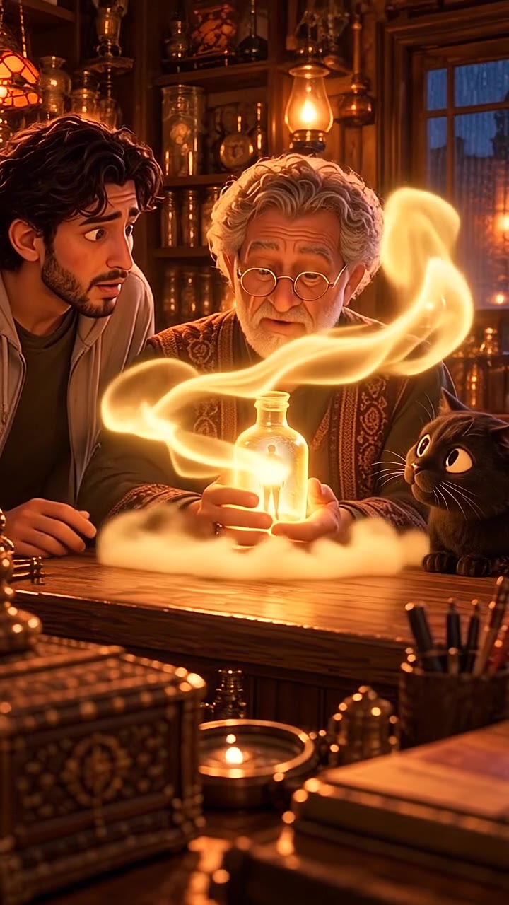 The Memory Shop, Episode 3: a glowing bottle with a tiny figure inside, held between the shopkeeper and a young man
