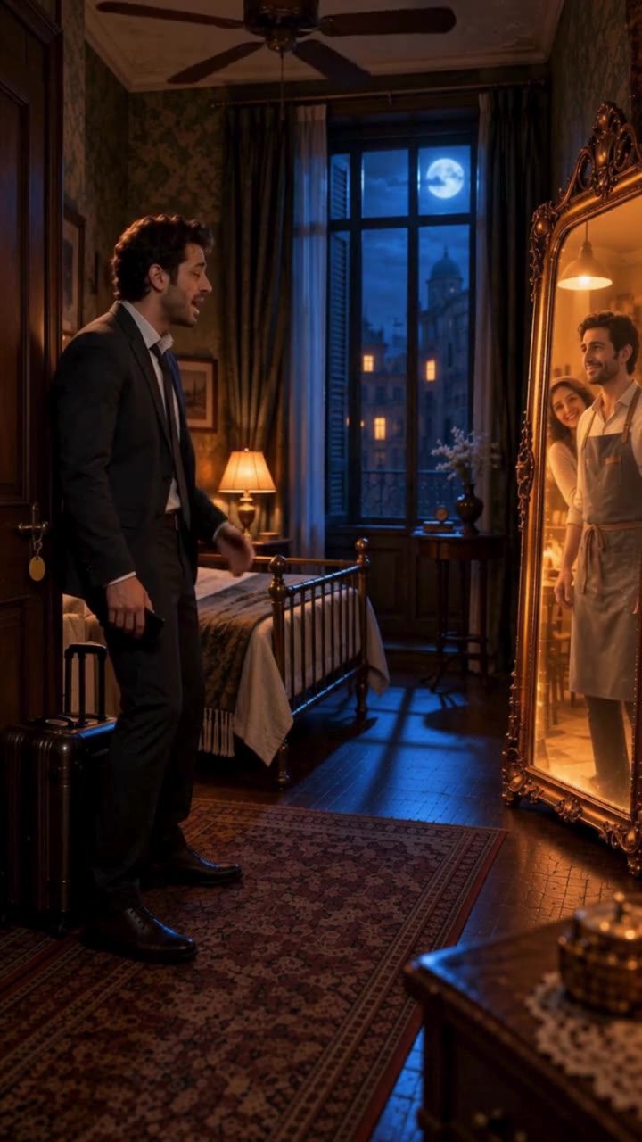 Room 404, Episode 1: a man in a suit stands before an ornate mirror that shows him in another life