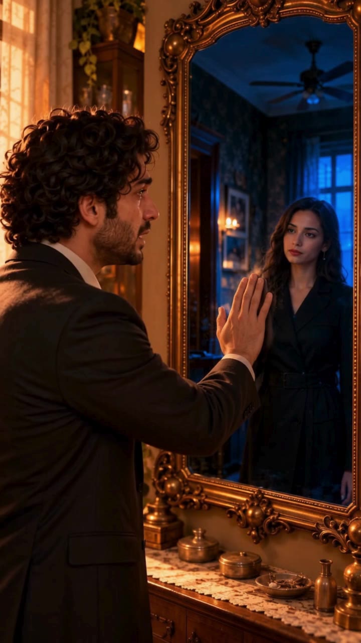Room 404, Episode 3: a man presses his hand to the mirror where a woman looks back at him