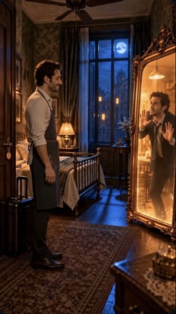 Room 404, Episode 1: Youssef in a hotel apron faces the mirror, where his other self in a suit presses against the glass